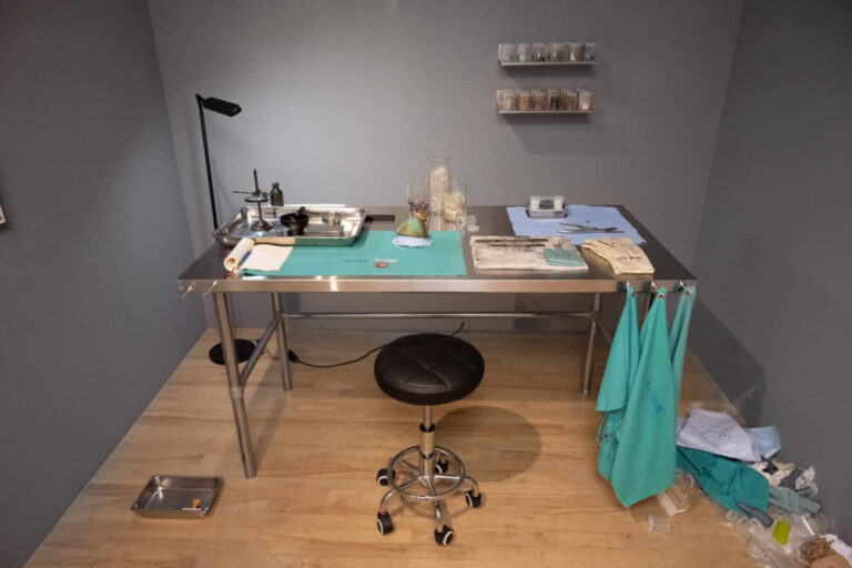 Yannick De Serre, La guérison pour faim, 2025, installation-laboratoire performatif et évolutif, matériaux artistiques et accessoires médicaux divers. Photo : Paul Litherland