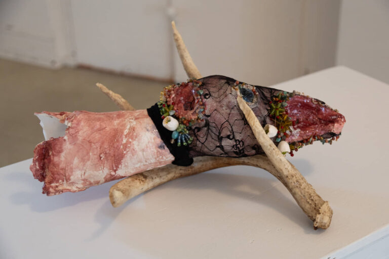 Mathilde Demoli, Tête de biche, 2022-2025, installation dans la sacristie de l’église, sculpture et taxidermie. Photo : Annie France Leclerc