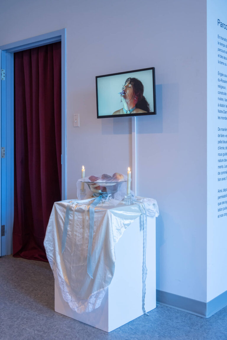 Annie Baillargeon, Sollicitude des péchés, 2025, installation immersive multimédia dans trois espaces de la chapelle bleue. Photo : Paul Litherland